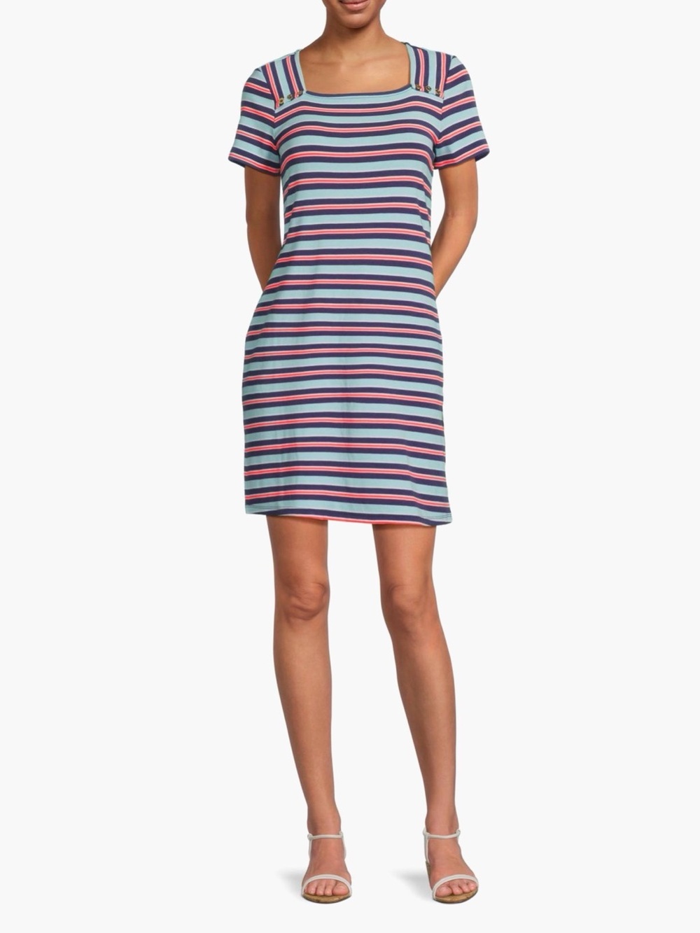 Striped Short Sleeve Shift Dress in Aqua, Navy & Pink